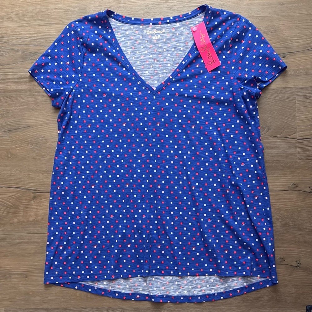 NWT Lilly Pulitzer Etta Borealis Blue “Lilly Squared” V-Neck Top, Women’s Large